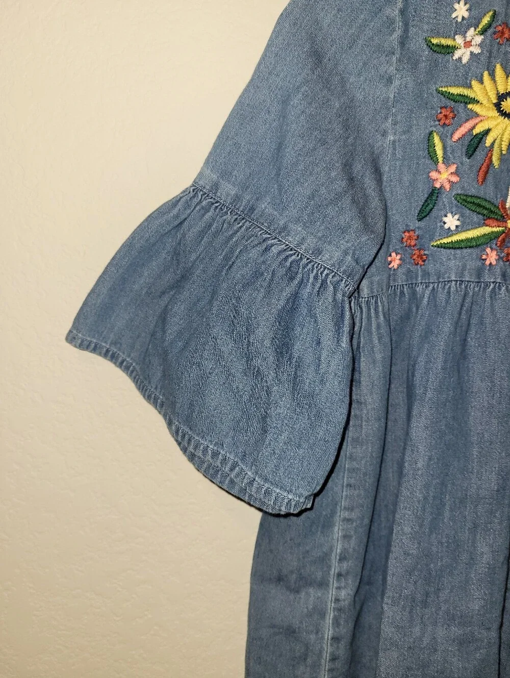 Girls' Blue Denim Embroidered Floral Dress